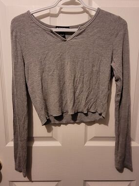 Essentials Grey Ribbed V-Notch Long Sleeve Crop Top